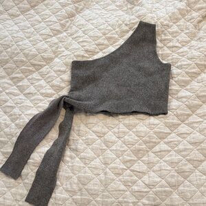 Brown/Gray One-Shoulder Knit Tie Crop Top